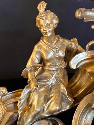 19th Century Pair of Dore Bronze Chenets Andirons Signed Bird with Man and Woman