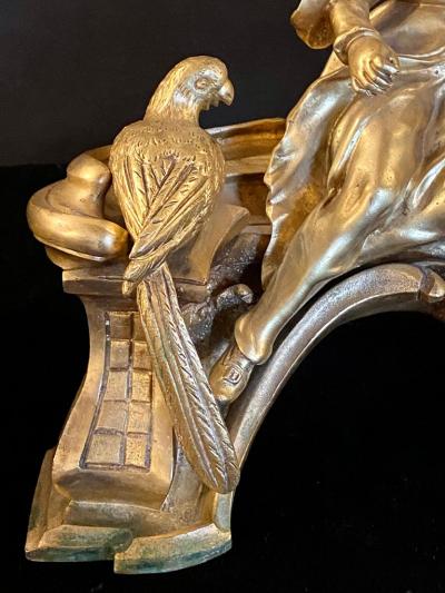 19th Century Pair of Dore Bronze Chenets Andirons Signed Bird with Man and Woman