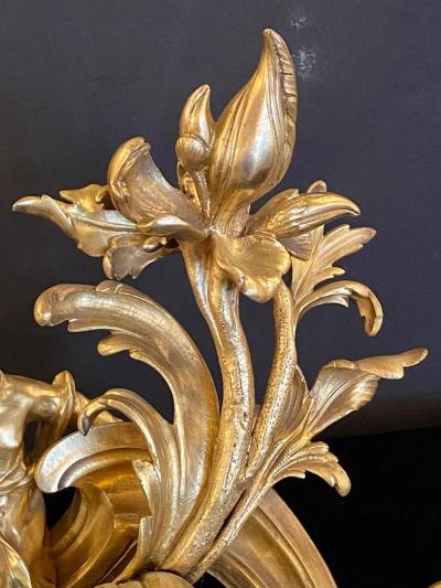 19th Century Pair of Dore Bronze Chenets Andirons Signed Bird with Man and Woman