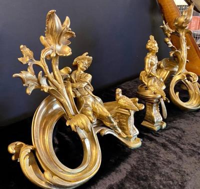 19th Century Pair of Dore Bronze Chenets Andirons Signed Bird with Man and Woman