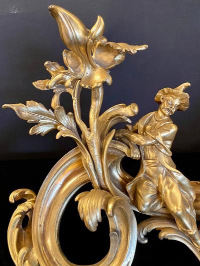 19th Century Pair of Dore Bronze Chenets Andirons Signed Bird with Man and Woman