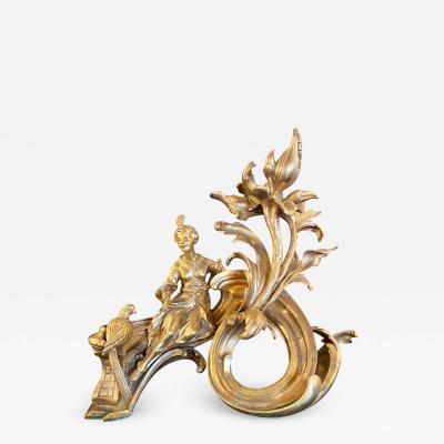 19th Century Pair of Dore Bronze Chenets Andirons Signed Bird with Man and Woman