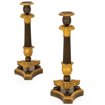 19th Century Pair of French Charles X Gilt Patinated Bronze Candlesticks