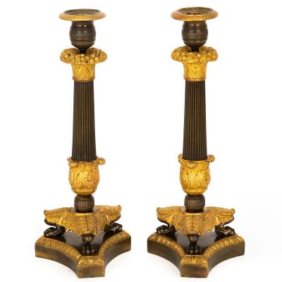 19th Century Pair of French Charles X Gilt Patinated Bronze Candlesticks
