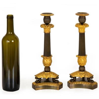 19th Century Pair of French Charles X Gilt Patinated Bronze Candlesticks
