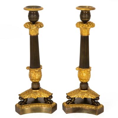 19th Century Pair of French Charles X Gilt Patinated Bronze Candlesticks