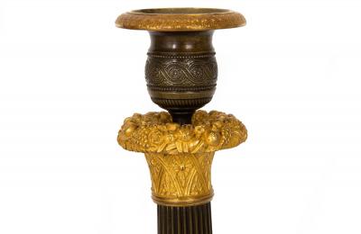 19th Century Pair of French Charles X Gilt Patinated Bronze Candlesticks