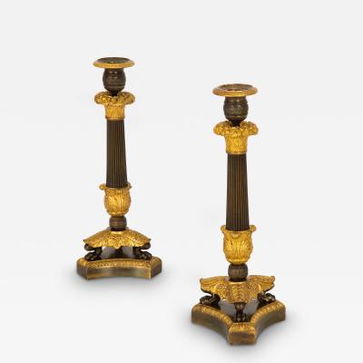 19th Century Pair of French Charles X Gilt Patinated Bronze Candlesticks