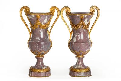 19th Century Pair of French Louis XVI Style Antique Bronze Violet Marble Vases