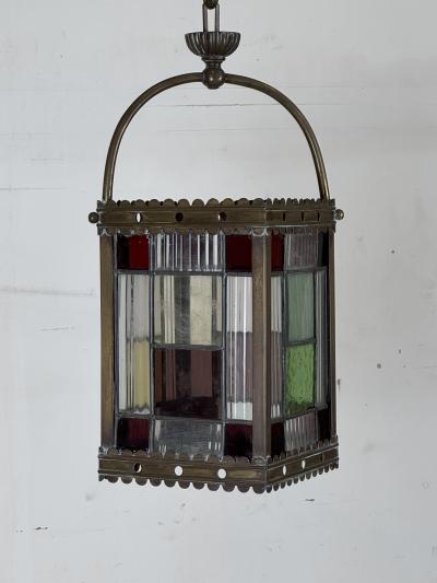 19th Century Patinated Brass and Stained Glass Victorian Hall Lantern