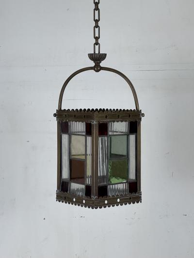 19th Century Patinated Brass and Stained Glass Victorian Hall Lantern