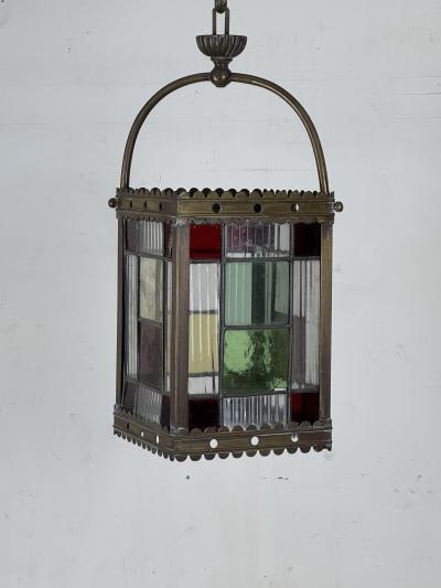 19th Century Patinated Brass and Stained Glass Victorian Hall Lantern