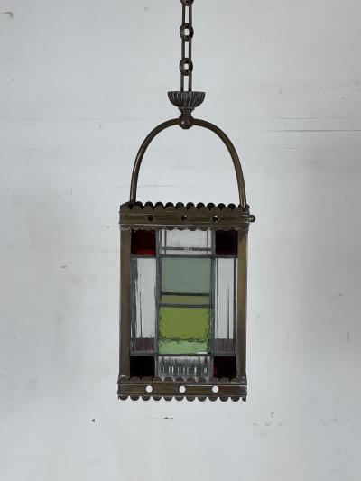 19th Century Patinated Brass and Stained Glass Victorian Hall Lantern