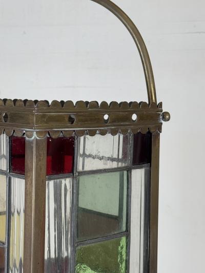 19th Century Patinated Brass and Stained Glass Victorian Hall Lantern