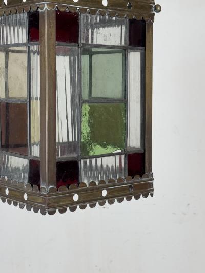 19th Century Patinated Brass and Stained Glass Victorian Hall Lantern