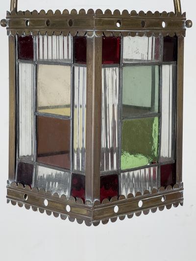 19th Century Patinated Brass and Stained Glass Victorian Hall Lantern
