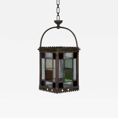 19th Century Patinated Brass and Stained Glass Victorian Hall Lantern