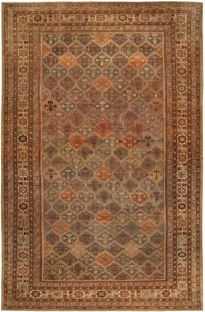 19th Century Persian Malayer Orange Rust Brown and Cool Blue Grey Wool Runner