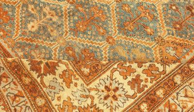 19th Century Persian Malayer Orange Rust Brown and Cool Blue Grey Wool Runner