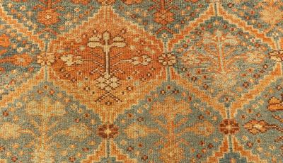 19th Century Persian Malayer Orange Rust Brown and Cool Blue Grey Wool Runner