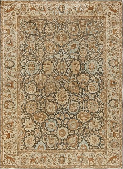 19th Century Persian Tabriz Dark Brown Beige and Blue Handwoven Wool Rug