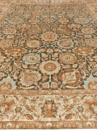 19th Century Persian Tabriz Dark Brown Beige and Blue Handwoven Wool Rug