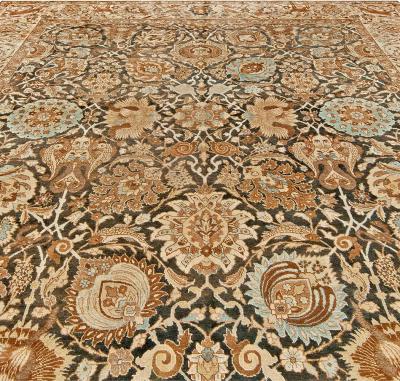 19th Century Persian Tabriz Dark Brown Beige and Blue Handwoven Wool Rug
