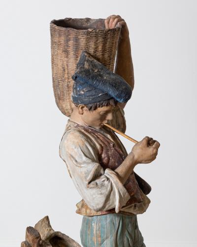 19th Century Polychrome Painted Metal Figure of a Boy with Basket