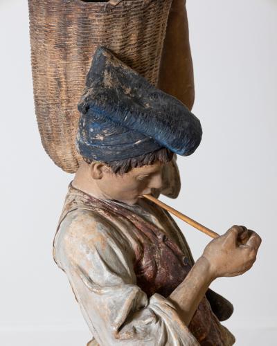 19th Century Polychrome Painted Metal Figure of a Boy with Basket