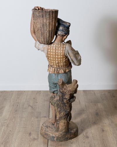 19th Century Polychrome Painted Metal Figure of a Boy with Basket