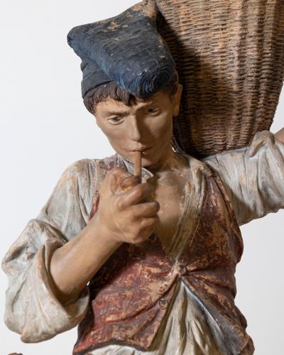 19th Century Polychrome Painted Metal Figure of a Boy with Basket