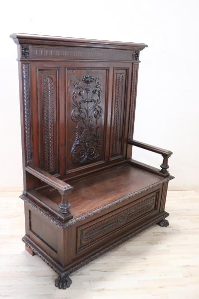19th Century Renaissance Style Carved Walnut Antique Bench