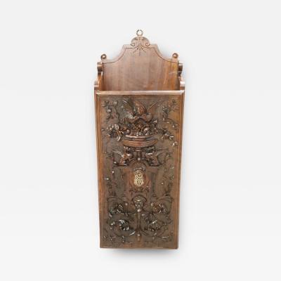 19th Century Renaissance Style Wall Magazine Rack in Hand Carved Walnut