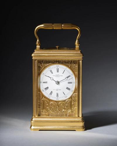 19th Century Repeating Gilt Brass Carriage Clock by the Famous Drocourt