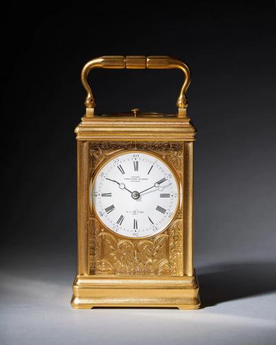 19th Century Repeating Gilt Brass Carriage Clock by the Famous Drocourt