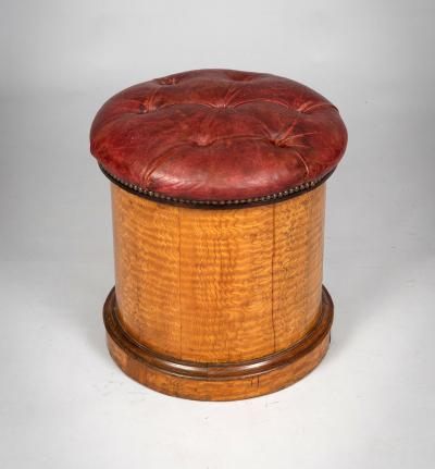19th Century Round Satinwood Stool with Red Leather Seat