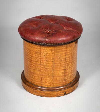 19th Century Round Satinwood Stool with Red Leather Seat