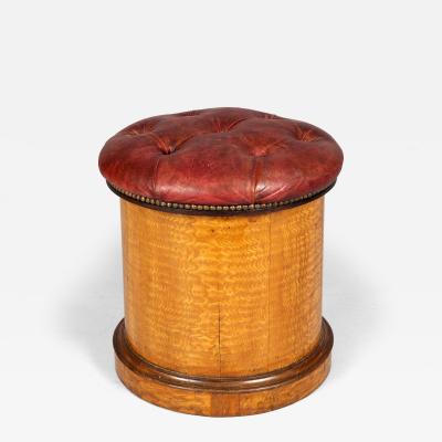 19th Century Round Satinwood Stool with Red Leather Seat