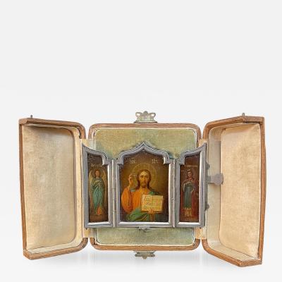 19th Century Russian Solid Silver Tryptic Traveling Icon c 1890