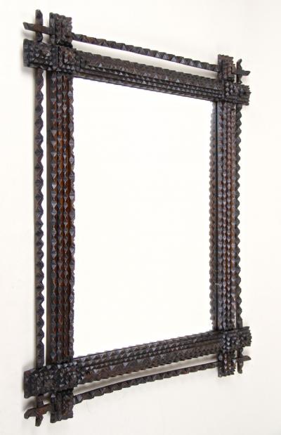 19th Century Rustic Tramp Art Mirror Hand Carved Austria circa 1870