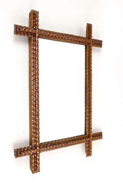 19th Century Rustic Tramp Art Mirror Hand Carved Austria circa 1880