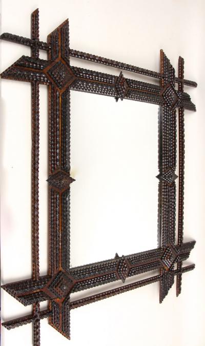 19th Century Rustic Tramp Art Mirror Handcarved Austria ca 1870