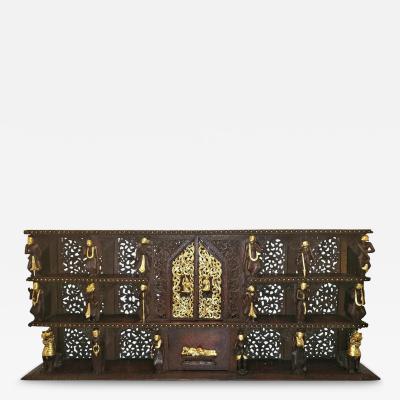 19th Century SE Asian Highly Carved Wooden and Gilded Floor Wall Cabinet