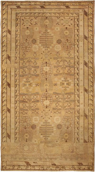 19th Century Samarkand Khotan Beige and Brown Handmade Wool Rug
