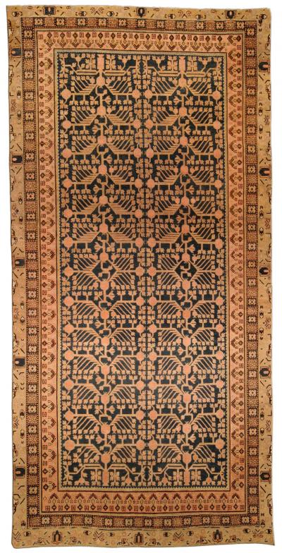 19th Century Samarkand Khotan Indigo Blue and Beige Hand Knotted Wool Rug