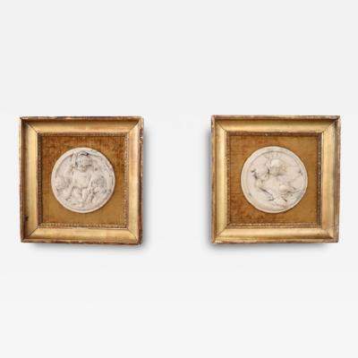 19th Century Set of 2 White Marble Bas Relief Sculptures with Frame