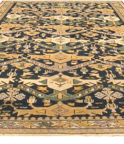 19th Century Shirvan Handmade Wool Rug in Beige Gold Ivory and Green