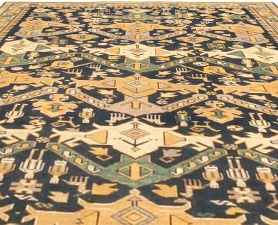 19th Century Shirvan Handmade Wool Rug in Beige Gold Ivory and Green