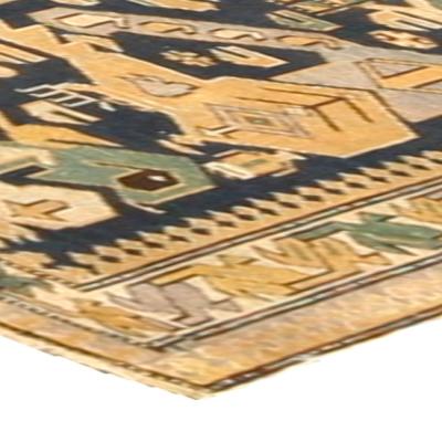 19th Century Shirvan Handmade Wool Rug in Beige Gold Ivory and Green