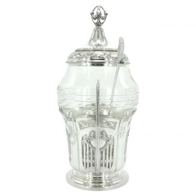 19th Century Silver Frame Etched Glass Punch Bowl